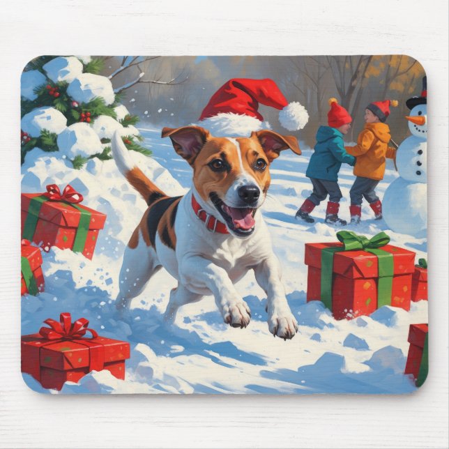 Mousepad Jack Russell Correndo na Neve com Chapéu de Natal (Frente)