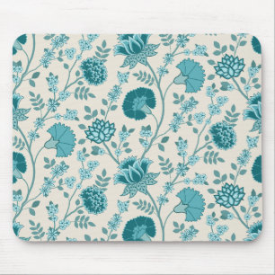 Mousepad Jacobean Floral Pattern Teals on Cream