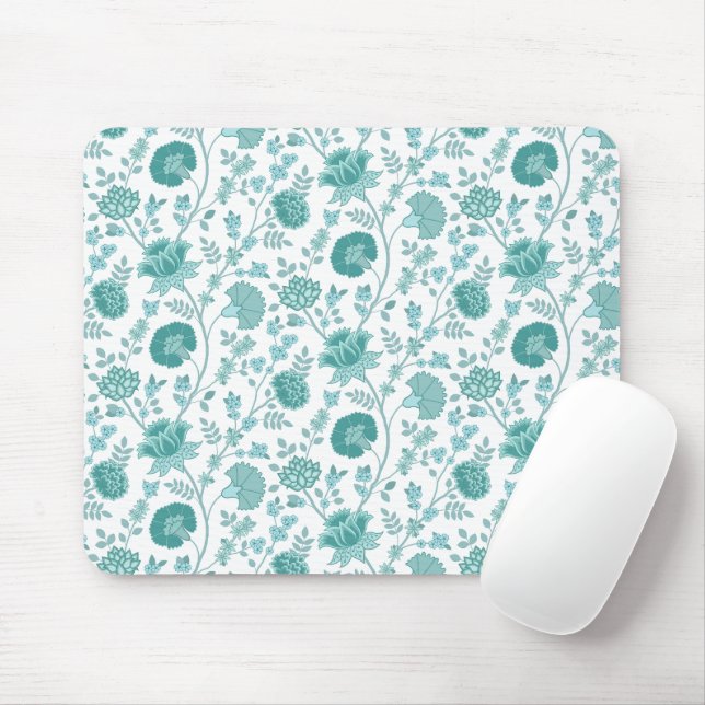 Mousepad Jacobean Floral Pattern Teals on White (Com mouse)