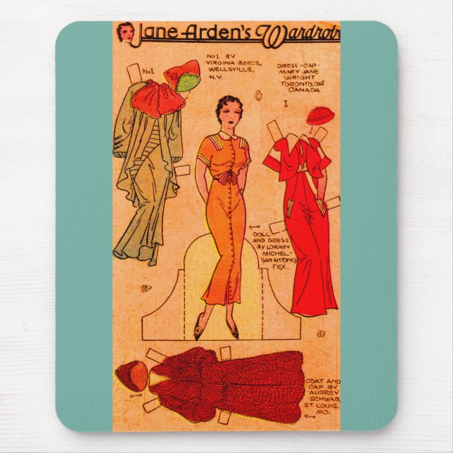 Mousepad Jane Arden de 1930 boneca azul vestido vermelho (Frente)