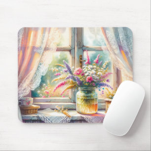 Mousepad Janela de Casa de Campo Ensolarada com Flores Silv
