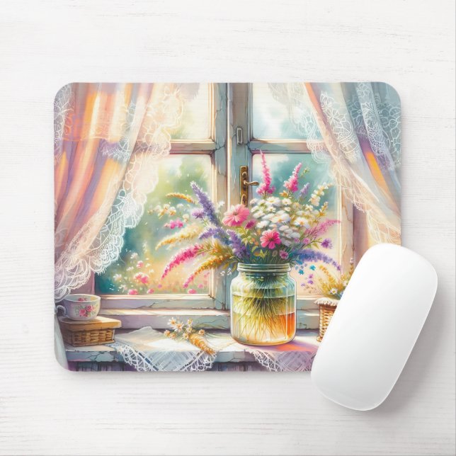 Mousepad Janela de Casa de Campo Ensolarada com Flores Silv (Com mouse)