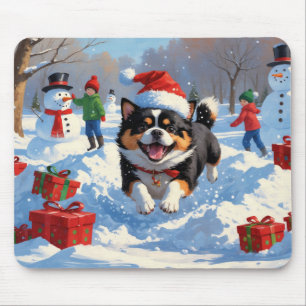 Mousepad Japanese Chin Correndo na Neve com Chapéu de Natal