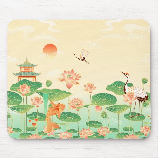 Mousepad Japanese Garden Koi Pond and Waterlilies Art (Frente)