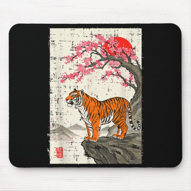 Mousepad Japanese Tiger Cherry Blossoms Sakura Art Women Me (Frente)