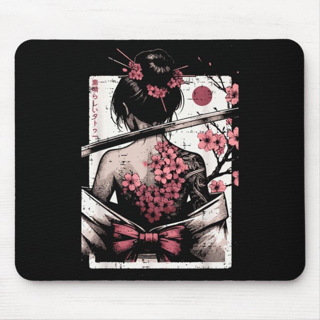 Mousepad Japanese Woman Cherry Blossom Tattoo Art Geisha Wo (Frente)
