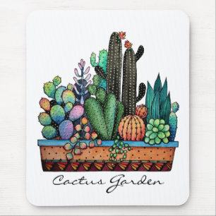 Mousepad Jardim bonito do cacto da aguarela no pote