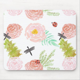 Mousepad Jardim da aguarela dos rosas das libélulas