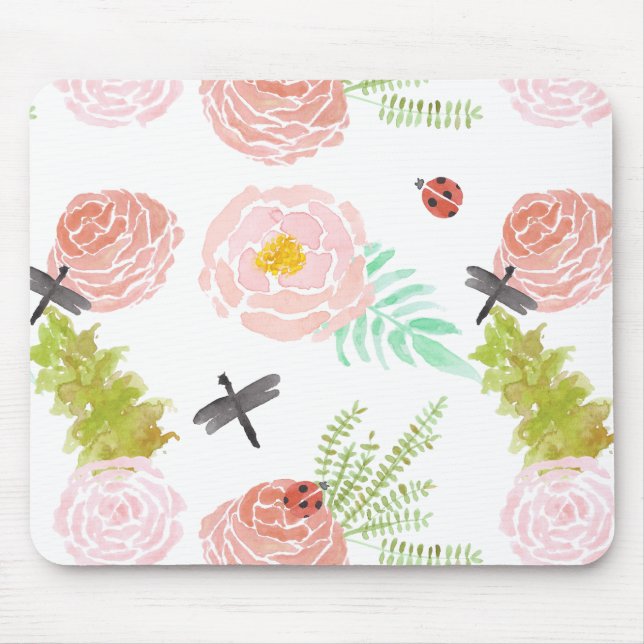 Mousepad Jardim da aguarela dos rosas das libélulas (Frente)