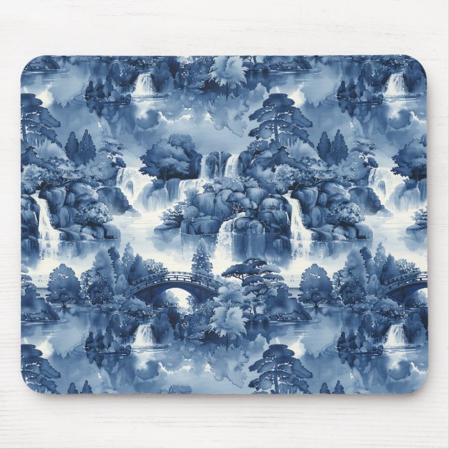 Mousepad Jardim d'água japonês em porcelana branca azul (Frente)