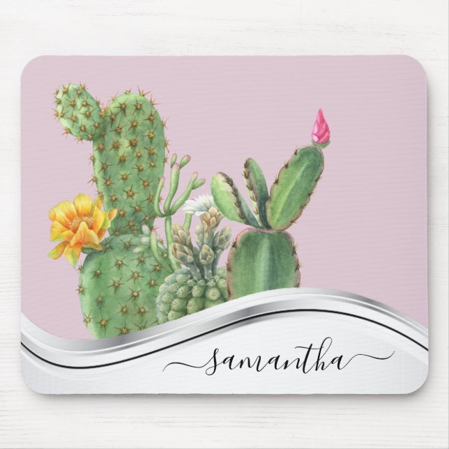 Mousepad Jardim de Cactus Aquarela Nome Manuscrito (Frente)