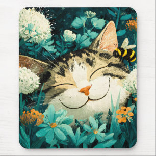 Mousepad Jardim de Flores de Gato Adormecido com Aquarela A