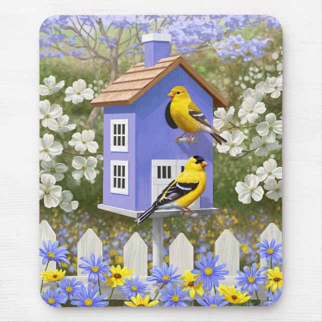 Mousepad Jardim de Flores do Bird House Americano Goldfinch (Frente)