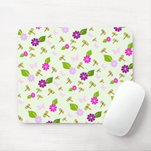 Mousepad Jardim de Flores e Padrinho Floral de Libélula (Com mouse)