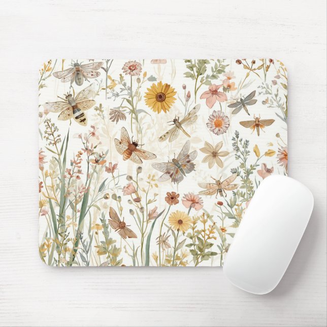 Mousepad Jardim de Flores Silvestres Borboletas Botânicas F (Com mouse)