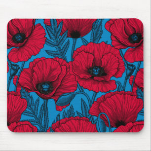 Mousepad Jardim de papoila vermelho em azul