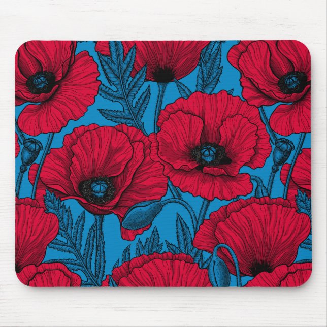 Mousepad Jardim de papoila vermelho em azul (Frente)