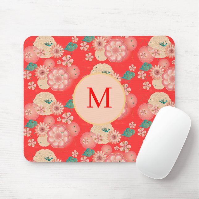 Mousepad Jardim de Pêssego Floral Elegante Monograma (Com mouse)