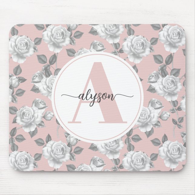 Mousepad Jardim de Rosa elegante no mouse rosa-monograma (Frente)