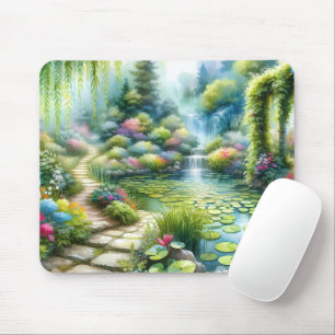 Mousepad Jardim Encantado da Cachoeira com Lago de Lírios