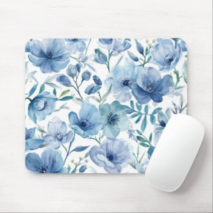 Mousepad Jardim Floral Botânico Azul em Aquarela