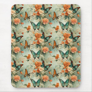 Mousepad Jardim Floral Laranja Borboleta Azul Vintage