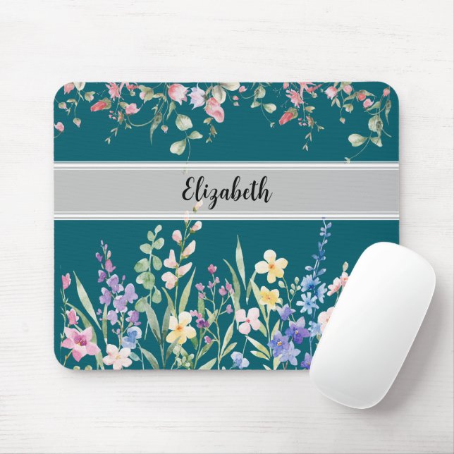 Mousepad Jardim Floral Monograma Script Dark Teal (Com mouse)