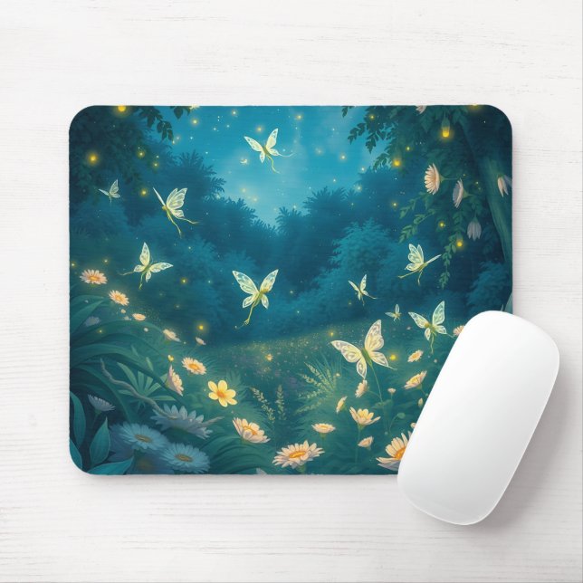 Mousepad Jardim noturno com flores e vagalumes (Com mouse)