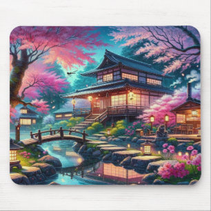 Mousepad Jardim Serene Japonês na Pintura de Crepúsculo