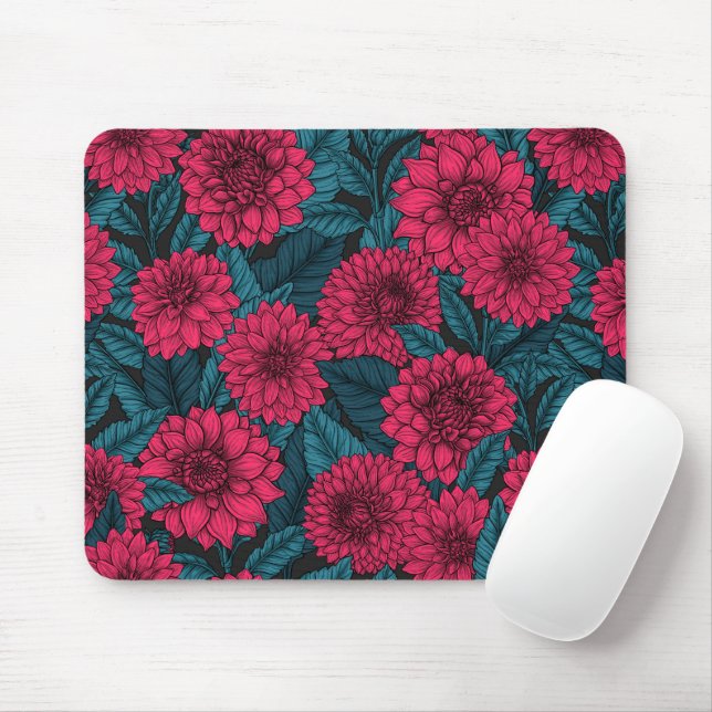 Mousepad Jardim Vermelho Dahlia/folhas azuis (Com mouse)