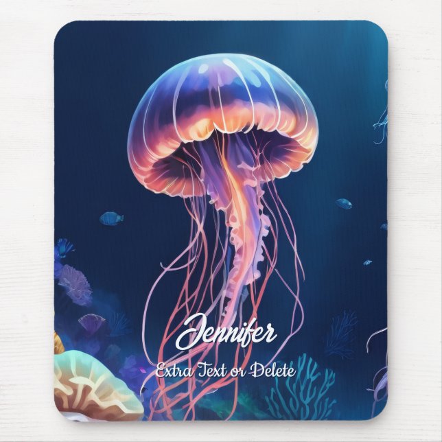 Mousepad jellyfish art, white script name and extra text (Frente)