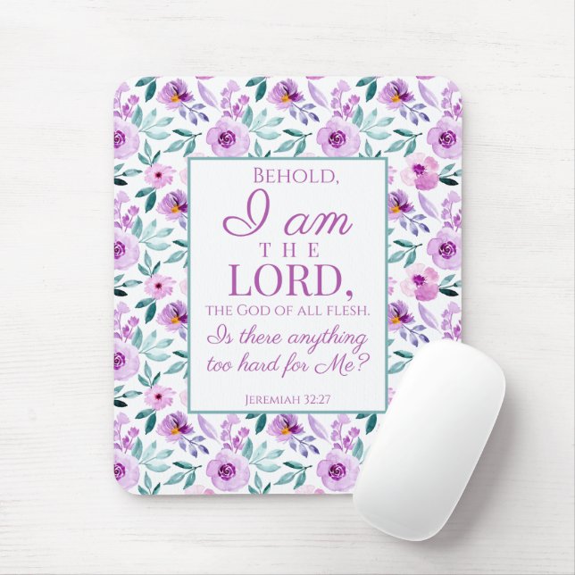 Mousepad Jeremiah 32:27 com fundo de flores roxas (Com mouse)