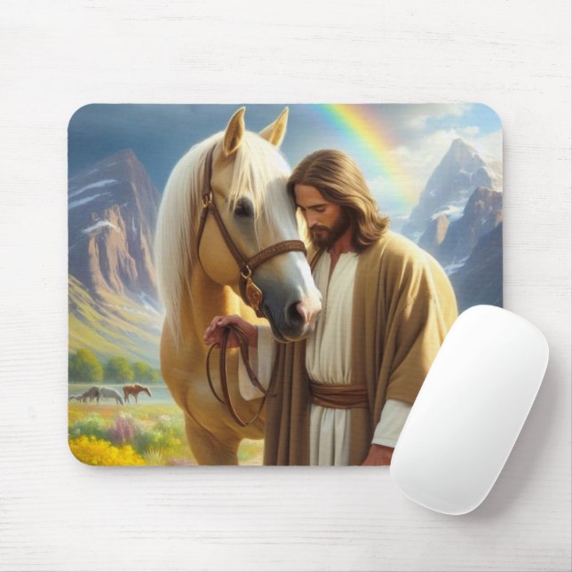 Mousepad Jesus com Cavalo de Palomino na Paisagem Cênica (Com mouse)