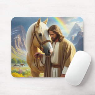 Mousepad Jesus com cavalo Palomino em paisagem cênica