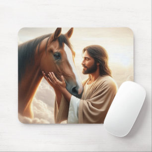Mousepad Jesus fortalecendo um cavalo no céu