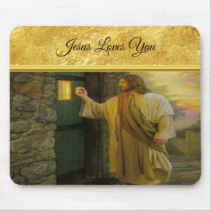 Mousepad Jesus na sua porta com um design de folha de ouro