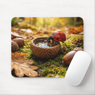 Mousepad Joaninha Bebendo Água de uma Tampa de Bolota
