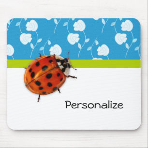 Mousepad Joaninha floral azul na moda com nome