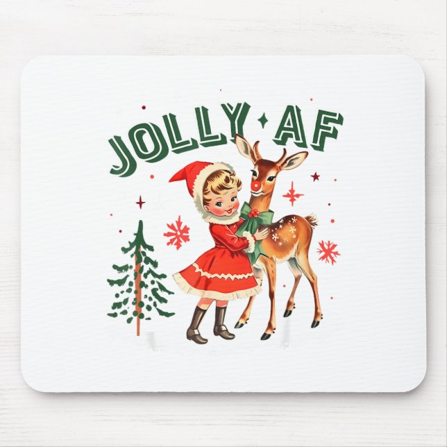 Mousepad Jolly Af Christmas Retro 50s Cute Girl And Deer Vi (Frente)
