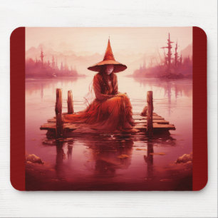 Mousepad Jovem Bruxa Vermelha Senta-Se No Cais Quebrado