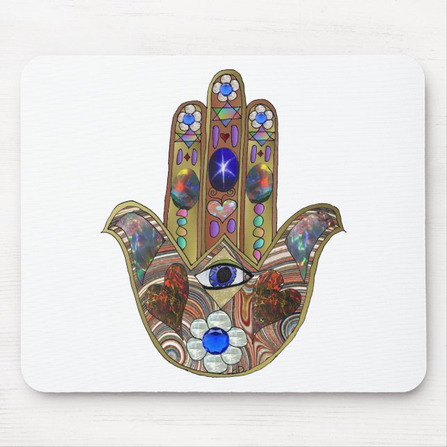 Mousepad Judaica Hamsa Hearts Flowers Opal Art Impressão (Frente)