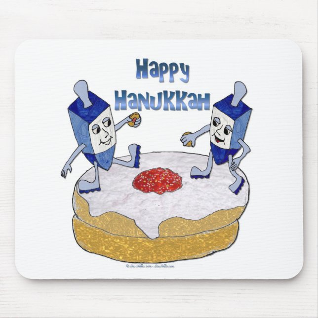 Mousepad Judaica Happy Hanukkah Dançando Dreidels Doughnut (Frente)