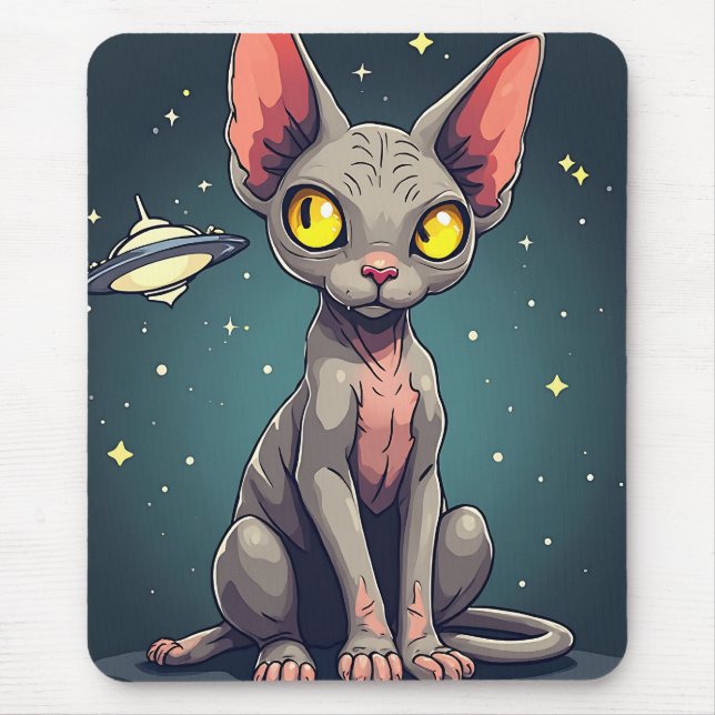 Mousepad Judging Sphynx Cat UFO Space Cartoon Art (Frente)