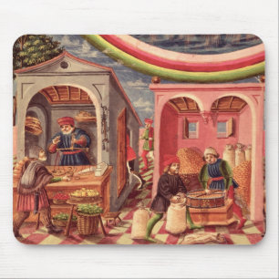 Mousepad Jupiter, detalhe de fruta e de comerciantes da