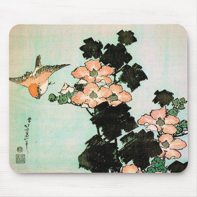 Mousepad Katsushika Hokusai (葛飾北斎) - hibiscus e pardal (Frente)