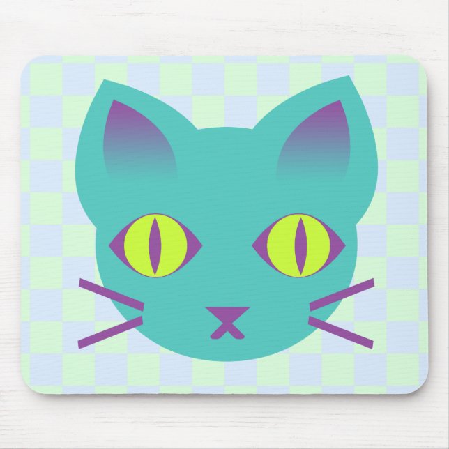 Mousepad Kawaii Anime Kitty Gato Azul e Verde Xadrez (Frente)