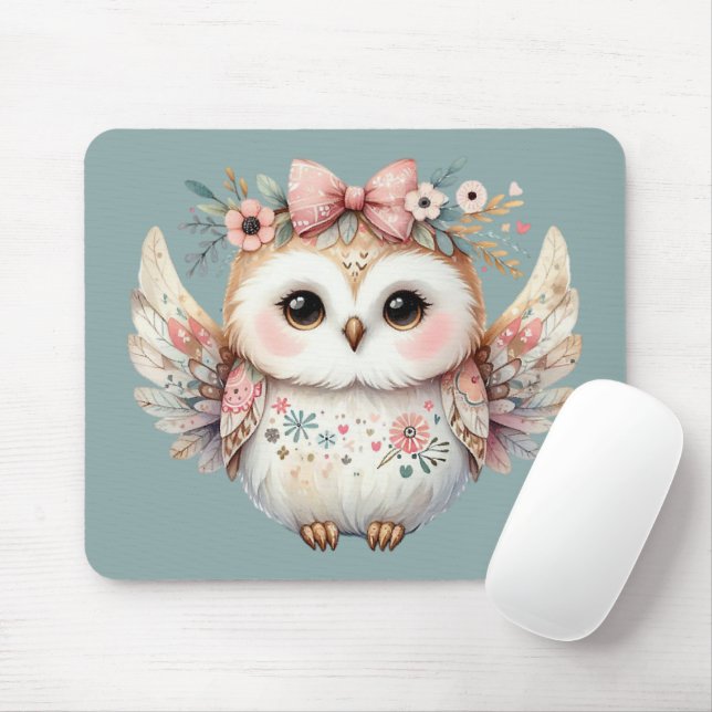 Mousepad Kawaii Boho Owl Illustration Blue (Com mouse)