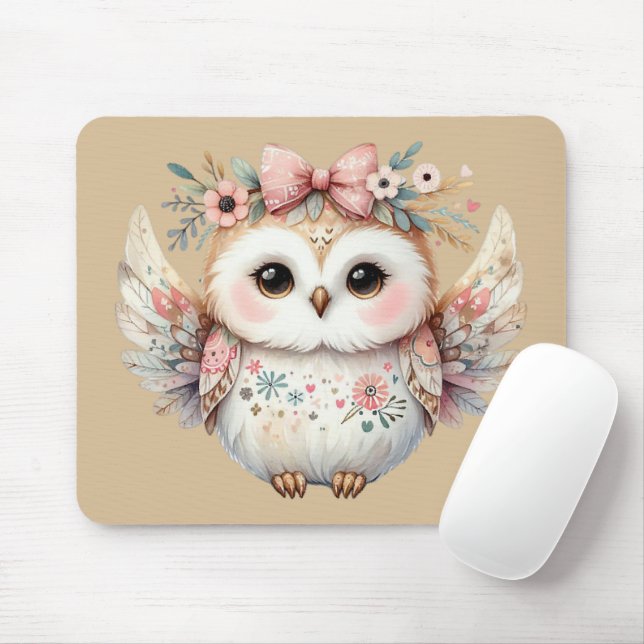 Mousepad Kawaii Boho Owl Ilustração Taupe (Com mouse)