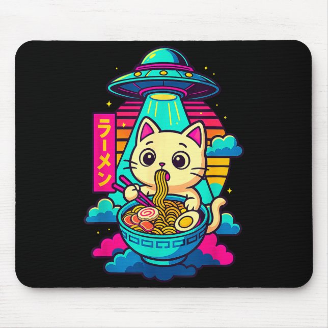 Mousepad Kawaii Cat Alien Ufo Ramen Graphic Tee Funny Japan (Frente)