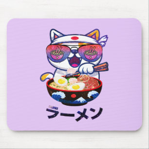 Mousepad Kawaii Cat Eating Ramen - Bonitos Noodles Japonese